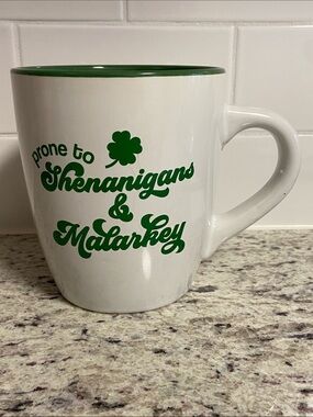 Tara Reed White & Green Ceramic Mug — Prone to Shenanigans & Malarkey